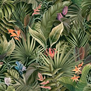 Tapet Frunze tropicale cu flori pe fundal întunecat, Tapet natura, Tapet frunze, a01153 : Uwalls.ro