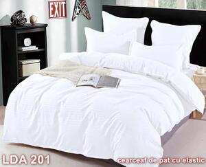 Lenjerie de pat, 2 persoane, damasc, cu elastic, model linii, culoare uni, alb , LDA201