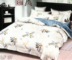 Lenjerie de pat 2 persoane, 3D, finet, 6 piese, crem si albastru, cu floricele, LF37