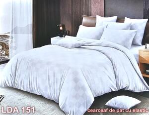 Lenjerie de pat, 2 persoane, damasc, cu elastic, model carouri, culoare uni, alb , LDA151