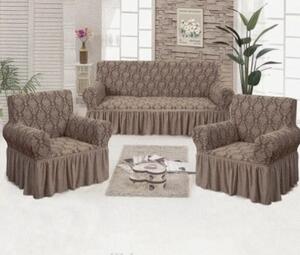 Set huse elastice pentru canapea 3 Locuri si 2 fotolii, cu volanas, model Jacquard Maro Deschis
