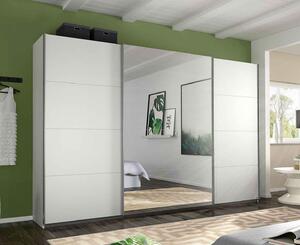 Dressing 315 cm lățime, 3 uși glisante, oglindă pe mijloc, culoare albă, compartimentare premium, 210 cm înălțime