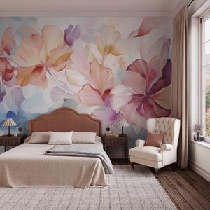 Tapet Flori abstracte, fanteziste, în nuanțe de roz, piersică și lavandă, în stil pictural, artă texturată, Fototapet Acuarelă, w09767 : Uwalls.ro