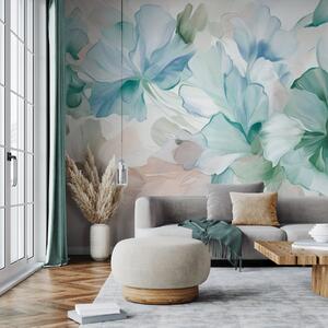 Tapet Flori abstracte, fanteziste, în nuanțe de verde, albastru și bej, în stil pictural, artă texturată, Fototapet Acuarelă, w09767v1 : Uwalls.ro