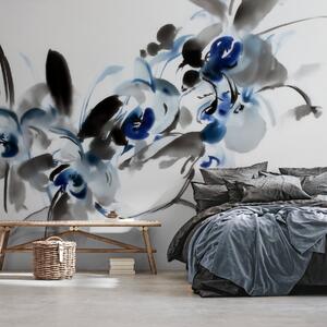 Tapet flori abstracte elegante, în stil acuarelă orientală, cu accente de albastru și negru, orhidee, Fototapet Flori, w09797 : Uwalls.ro