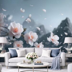 Tapet Flori delicate de cireș înflorit pe fundalul munților, peisaj japonez plin de atmosferă în nuanțe pastelate, Fototapet Flori, w09808 : Uwalls.ro