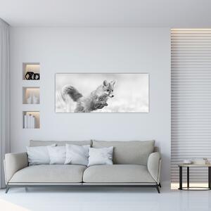 Tablou - Vulpe care sare,alb-negru (120x50 cm)