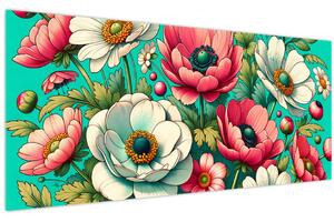 Tablou - Flori pe fundal albastru (120x50 cm)