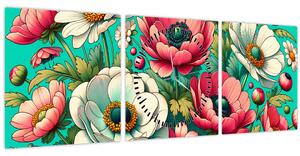 Tablou - Flori pe fundal albastru (cu ceas) (90x30 cm)