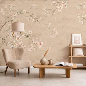 Tapet Ramuri florale în stil chinoiserie pe un fundal bej cald, Fototapet în stil vintage, w05427v2 : Uwalls.ro