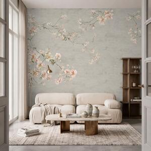 Tapet Ramuri florale în stil chinoiserie pe fundal gri, Fototapet în stil vintage, w05427v1 : Uwalls.ro