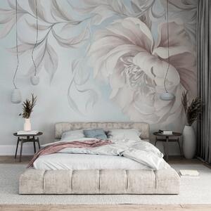 Tapet Bujor mare, cu textură, cu petale delicate și frunze cenușii, pictat într-un stil delicat, Imagini de fundal unice, w09647v1 : Uwalls.ro
