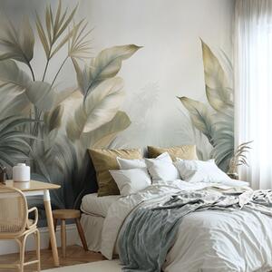 Tapet Frunze tropicale mari, cu textură, în nuanțe discrete de verde și bej, într-un decor de junglă, Fototapet Acuarelă, w09820 : Uwalls.ro