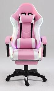 Scaun gaming, sistem iluminare bandă LED RGB, masaj în perna lombară, suport picioare, Roz/Alb