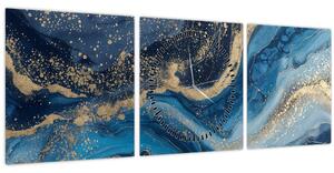 Tablou - Marmură abstractă albastru-aurie (cu ceas) (90x30 cm)