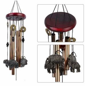 Clopotel de vant cu 6 tuburi sonore metalice aurii pentru casa sau gradina, model Feng-Shui cu 6 elefanti si monede