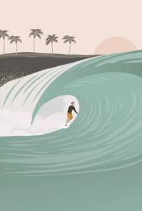 Ilustrație Surfer in the barrel wave, pastel, LucidSurf