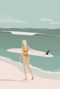 Ilustrație Surfer Girl Walking on the Beach,, LucidSurf