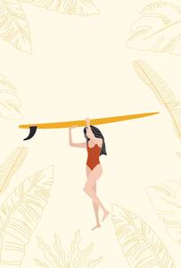 Ilustrație Surfer Girl Holding the Longboard Surfboard,, LucidSurf