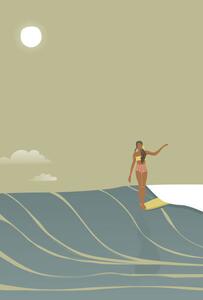 Ilustrație Surfer girl full moon retro style vector, LucidSurf