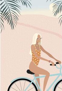 Ilustrație Surfer girl in bikini on bicycle, LucidSurf