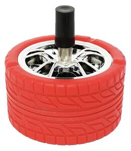 Scrumiera metalica Pufo Angry Wheel, antivant cu buton, 10 cm, rosu/ argintiu