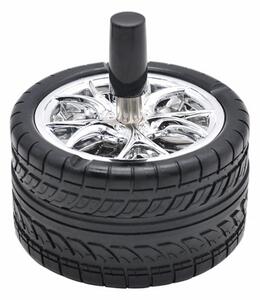 Scrumiera metalica Pufo Angry Wheel, antivant cu buton, 10 cm, negru/ argintiu
