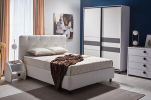 Dormitor Cristal alb, pat 160x200 cm, dulap usi culisante 2m, comoda cu oglinda, noptiere
