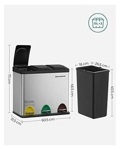 Cos de reciclare, Songmics, 3 x 15 L, Silver, LTB45L