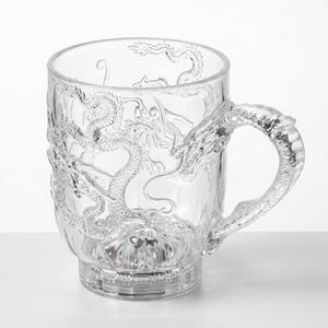 Cană transparentă cu dragon în relief și lumini LED în bază, mâner tip coadă de dragon