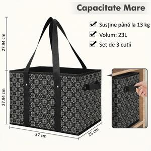 Set de 3 coșuri pliabile de cumpărături, 37 x 25 x 28 cm, 23 l, cu bază rigidă și mânere