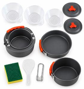 Set vase de camping din aluminiu: 2 oale cu capac, tigaie, 3 boluri și accesorii