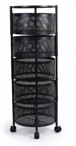 Cărucior de depozitare rotativ cu 5 coșuri metalice perforate, pe roți, negru