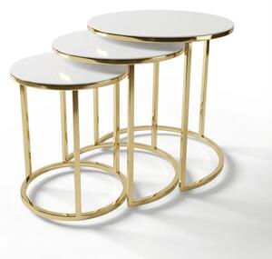 Set Mese de Cafea Rotunde – Design Elegant cu Blat din Sticlă și Structură Metalică Alb- Aur
