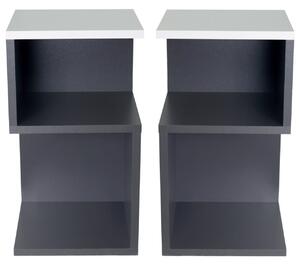 Set 2 Noptiere UnicUtil cu rafturi pe trei niveluri in model S, Alb, Gri Antracit 30 x 30 x 55cm