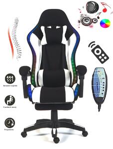 ALFORD Scaun gaming cu Masaj in 5 puncte, Perna lombara cu Masaj, Sistem iluminare banda LED RGB, Boxe Bluetooth, suport picioare, textil, Negru