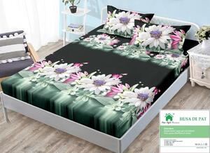 Husa de pat, finet, 140x200cm, 2 persoane, set 3 piese, cu elastic, negru si verde, cu flori albe, HPF14032