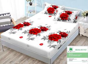 Husa de pat, finet, 140x200cm, 2 persoane, set 3 piese, cu elastic, alb , cu trandafiri rosii, HPF14040