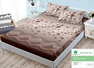 Husa de pat, finet, 140x200cm, 2 persoane, set 3 piese, cu elastic, maro , cu floricele albe, HPF14051
