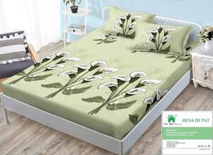 Husa de pat, finet, 140x200cm, 2 persoane, set 3 piese, cu elastic, verde deschis, cu flori albe, HPF14043