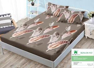 Husa de pat, finet, 140x200cm, 2 persoane, set 3 piese, cu elastic, maro , cu pene crem, HPF14048