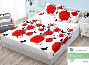 Husa de pat, finet, 140x200cm, 2 persoane, set 3 piese, cu elastic, alb , cu trandafiri roșii, HPF14045