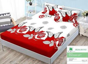 Husa de pat, finet, 140x200cm, 2 persoane, set 3 piese, cu elastic, alb si rosu, cu trandafiri si fluturi, HPF14047