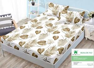 Husa de pat, finet, 140x200cm, 2 persoane, set 3 piese, cu elastic, crem , cu frunze maro, HPF14034