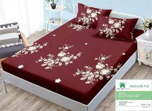 Husa de pat, finet, 140x200cm, 2 persoane, set 3 piese, cu elastic, rosu , cu flori crem, HPF14036