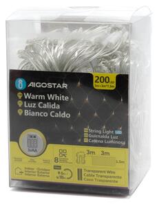 Instalație LED de Crăciun de exterior Aigostar 200xLED/8 funcții 3xAA 6x1,5m IP44 alb cald
