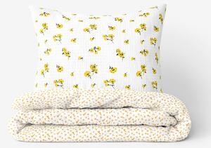 Goldea lenjerie de pat creponată - flori galbene și floricele pe alb 140 x 220 și 70 x 90 cm