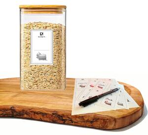 Recipient depozitare alimente, borcan de sticla cu capac etans de 1, 6 L, Koken cutie depozitare alimentara, Forma Patrata, Sticla Borosilicata/Capac Bambus, Transparent + Autocolante si markere