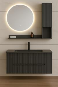 Set Mobilier Baie Suspendat 80 cm , Gri Antracit cu Lavoar Negru , Dulap lateral, etajera, Oglinda LED si Lavoar Ceramic 2910