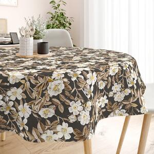Goldea față de masă decorativă loneta - flori pe negru - rotundă Ø 140 cm